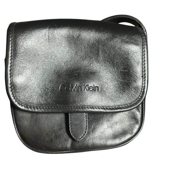 Calvin Klein Black Leather Crossbody Bag Flap Closure Y2K 90s Retro Vintage - Picture 2 of 9